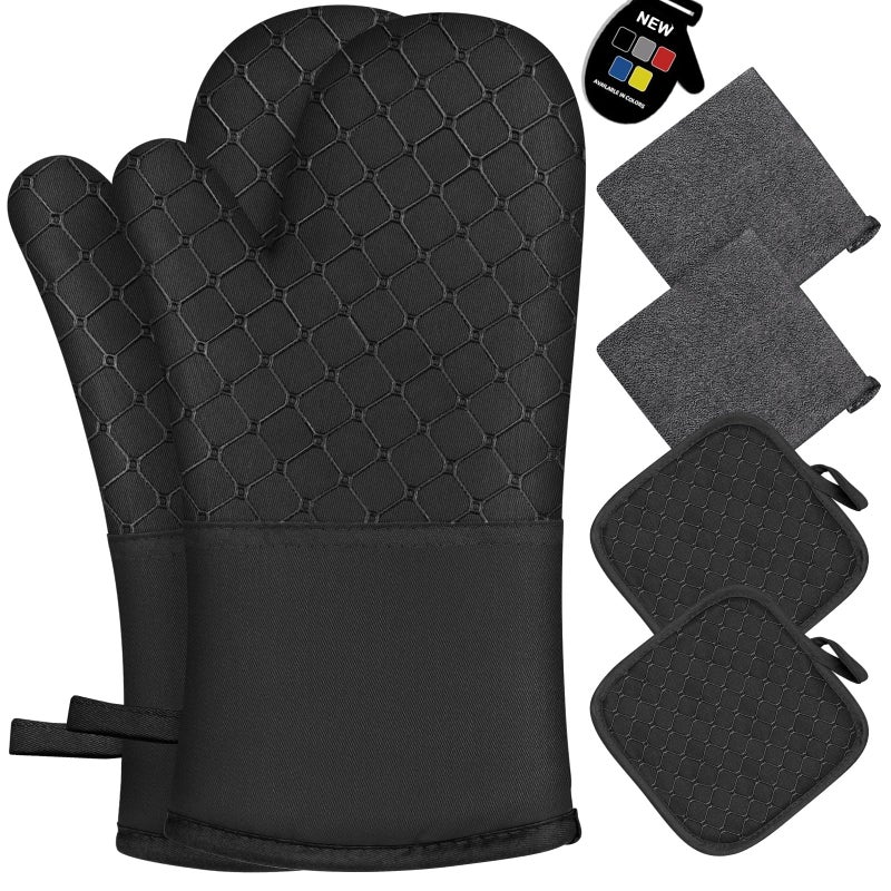 Wsedor 6 Pcs Oven Mitts and Pot Holders, 500â„‰ Heat Resistant Oven Mitts with Kitchen Towels Soft Cotton Lining and Non-Slip Silicone Surface Safe for Baking, Cooking, BBQ (Black) - Image 1